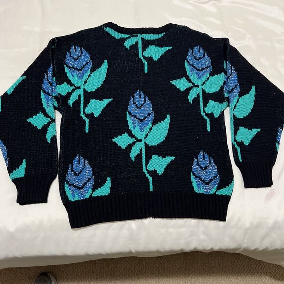Vintage whimsigoth sweater black Turquoise floral ITALY Acrylic Oversized S - Picture 7 of 9